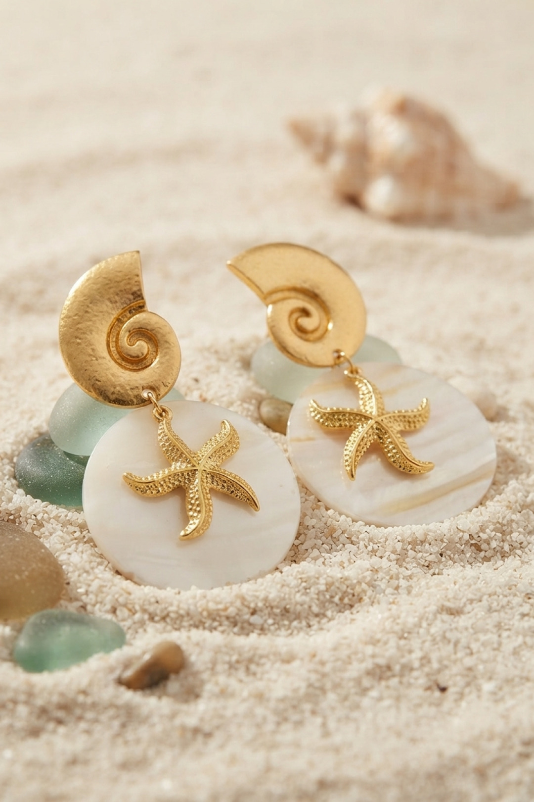 Gold Color Natural Mother-of-Pearl Earrings with Seashell and Starfish Details