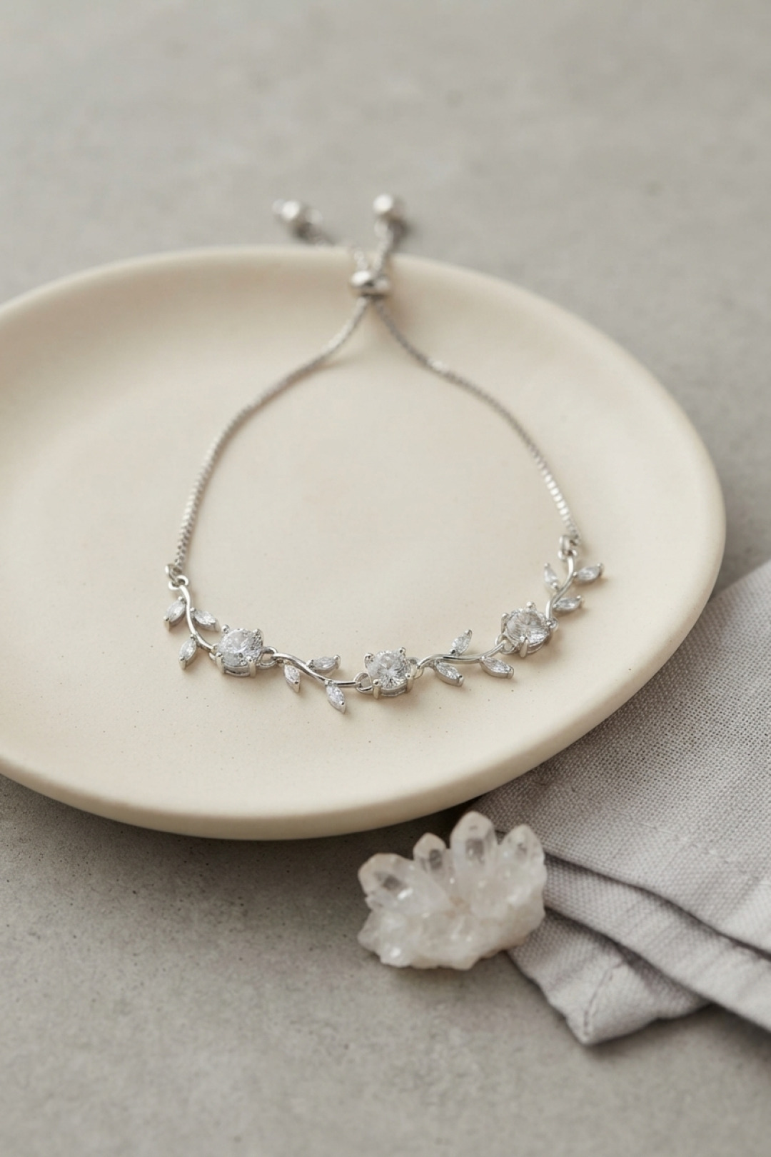 Silver Color Zircon Stone Brass Ivy Flower Design Adjustable Bracelet