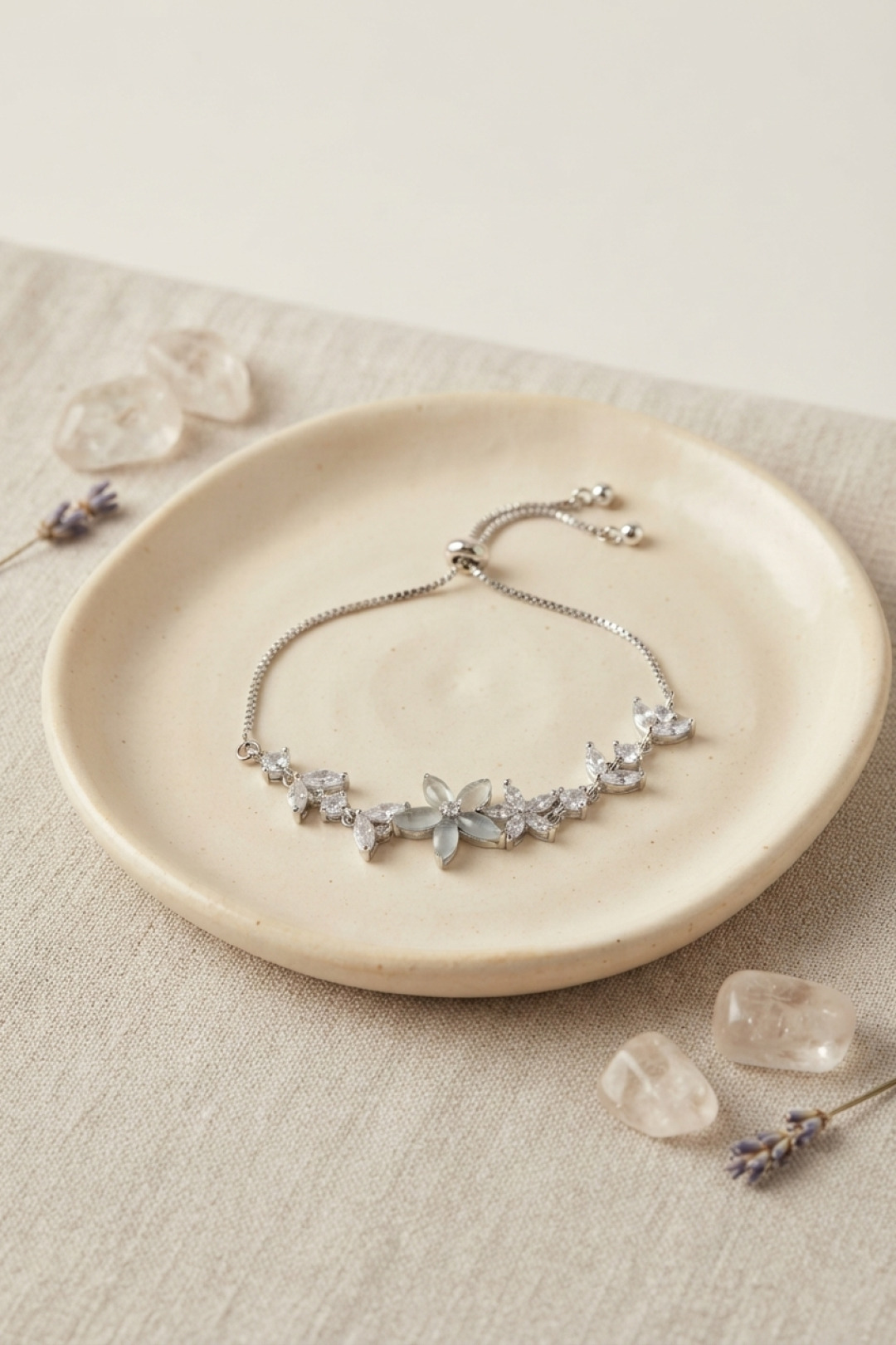 Silver Tone Zircon Stone Brass Mother-of-Pearl Flower Design Adjustable Bracelet