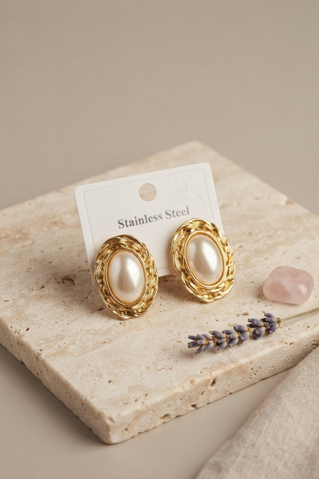 316L Gold Renk Gold Renk Vintage Beyaz İncili Model Küpe