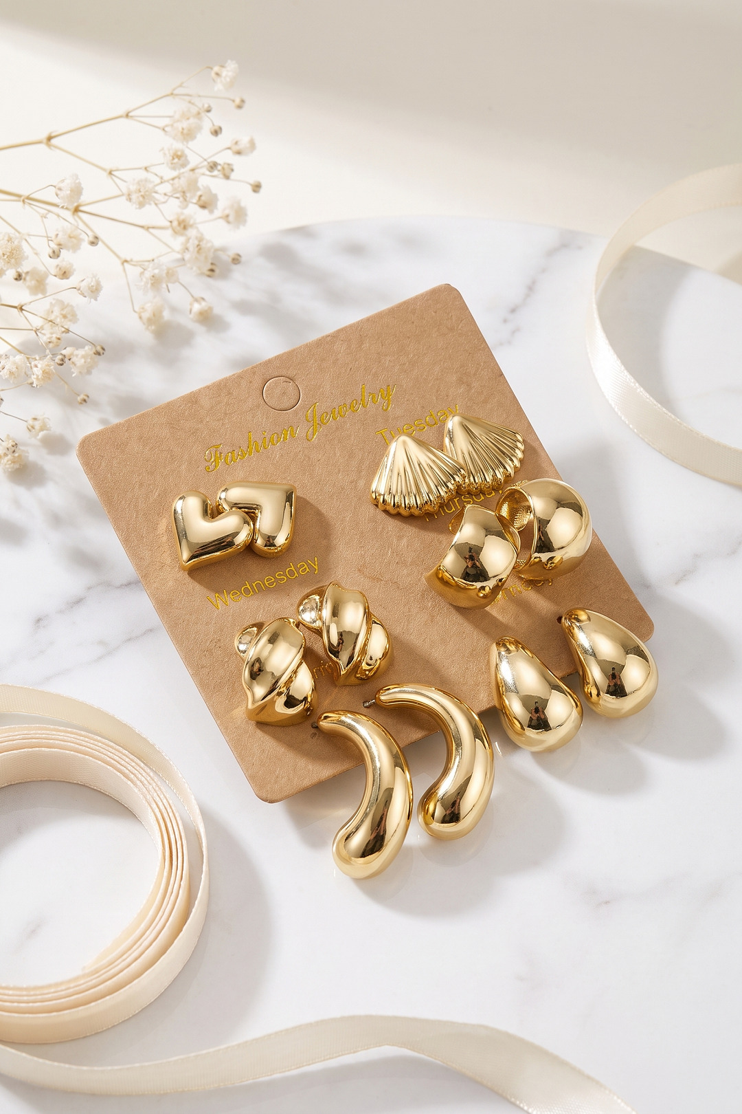 Metalik Kaplama Gold Renk CCB 6 Çift Kadın Küpe Seti