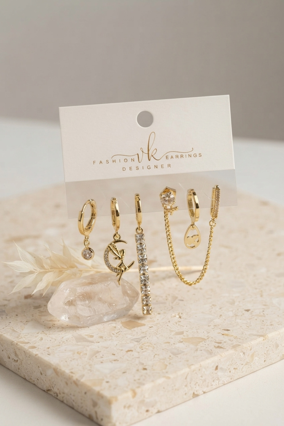 Gold Renk Pirinç Zirkon Taşlı 6'lı Küpe Set Kombini