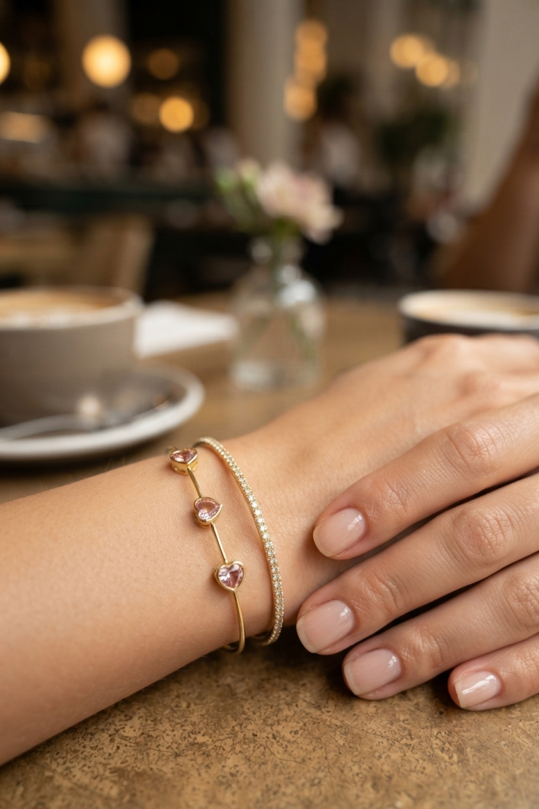 Pembe Kalp Model Zirkon Taşlı Gold Renk Kadın Bileklik — görsel 2
