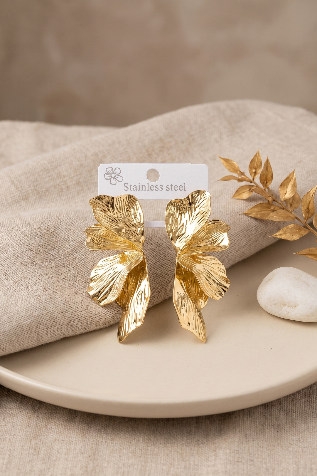 316L Çelik Gold Renk Lotus Yaprak Model Kadın Küpe