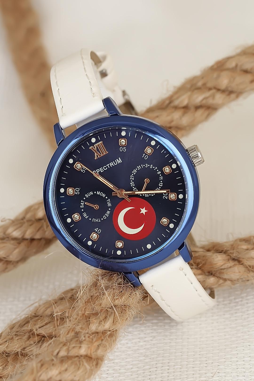Türk Bayrak Tasarımlı Beyaz Renk Deri Kordonlu Lacivert Kasa Bayan Saat