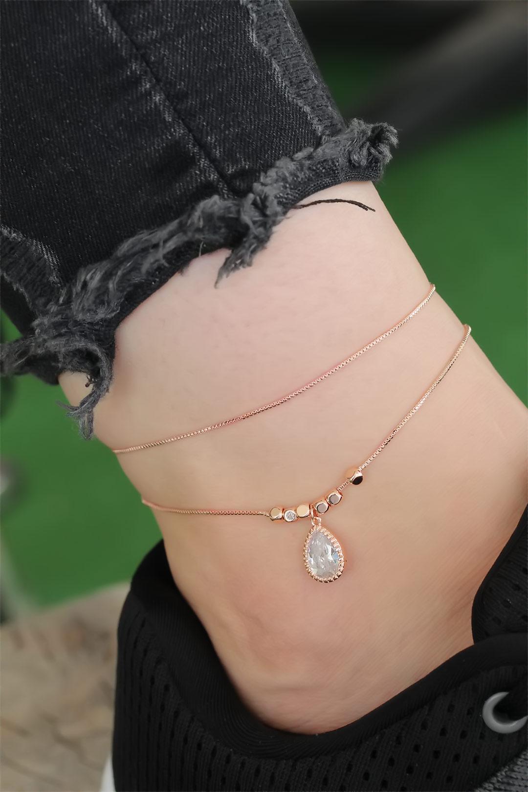 Rose Gold Renk Zirkon Damla Taşlı Halhal