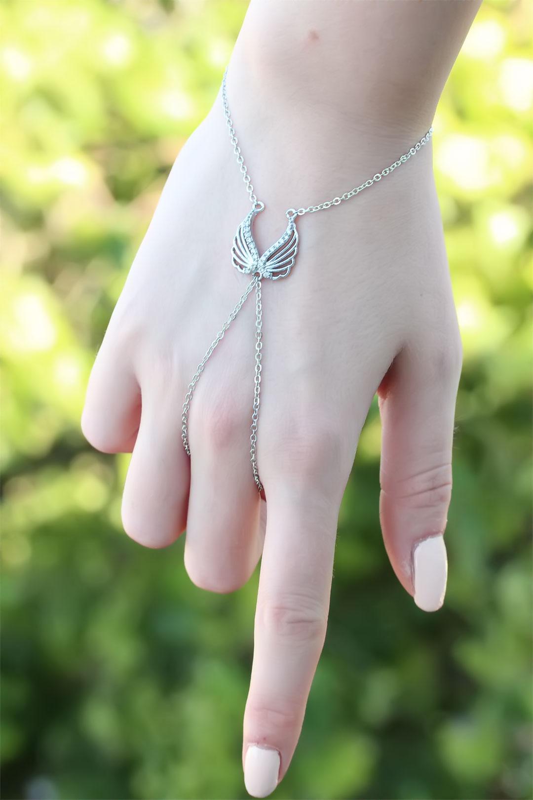 Melek Kanadı Figürlü Zirkon Taşlı Silver Renkli Şahmeran Bileklik