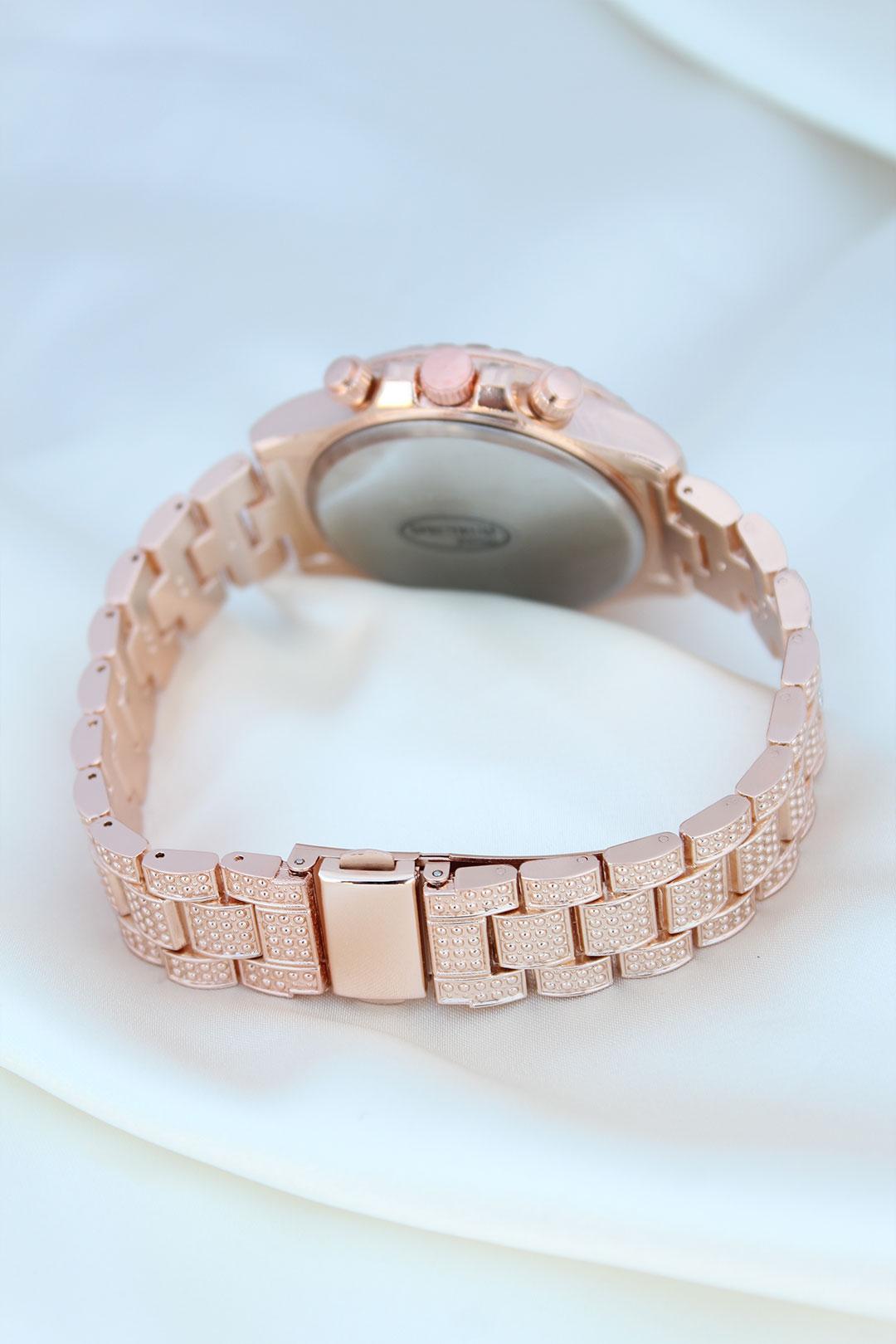 Trend Rose Metal Kordonlu Zirkon Taş Kaplama Renkli Taşlı Kasa Tasarımlı Lüx Kadın Kol Saati