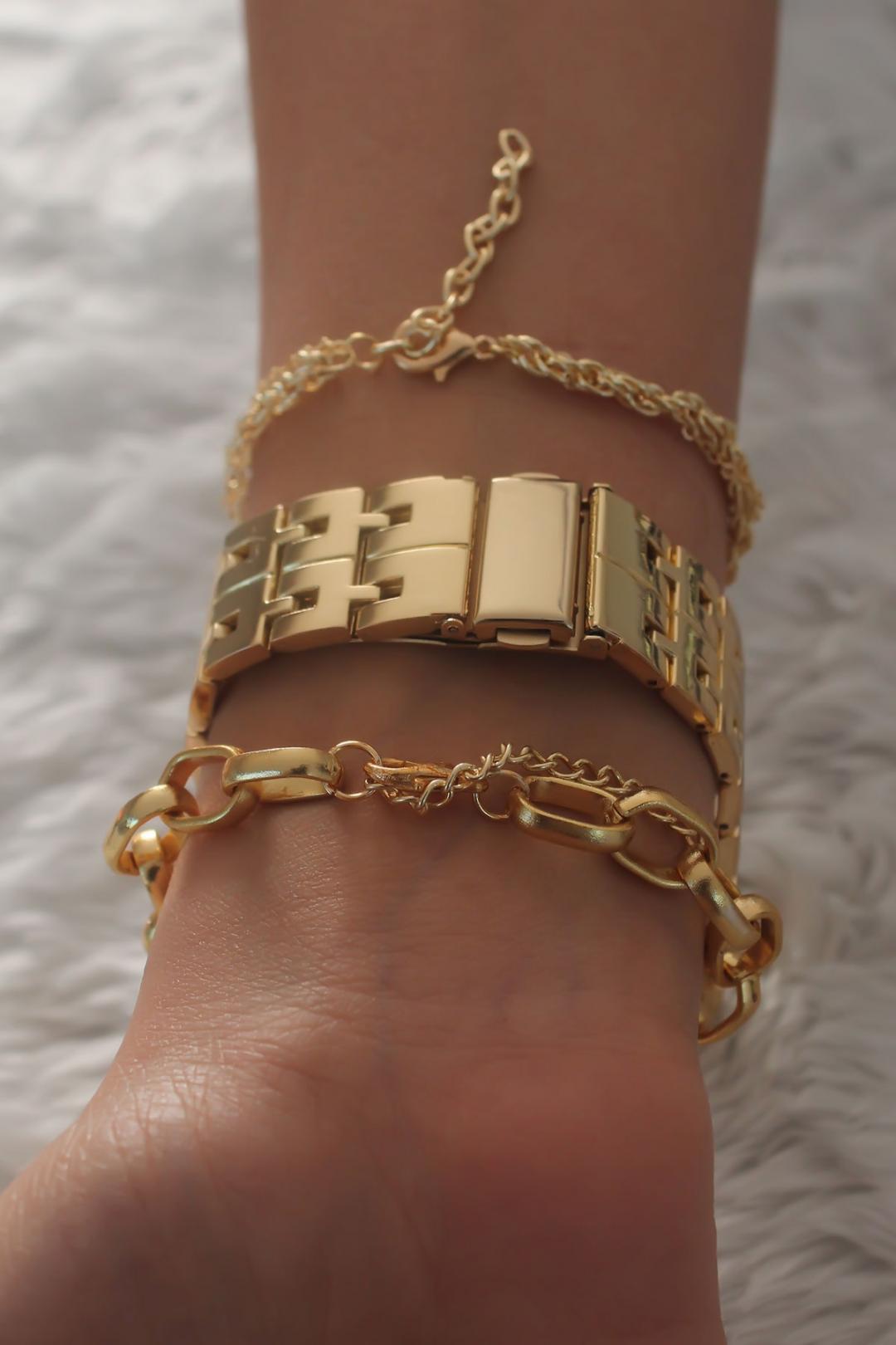 Gold Renk Metal Kordon Kadın Saat ve Bileklik Kombini