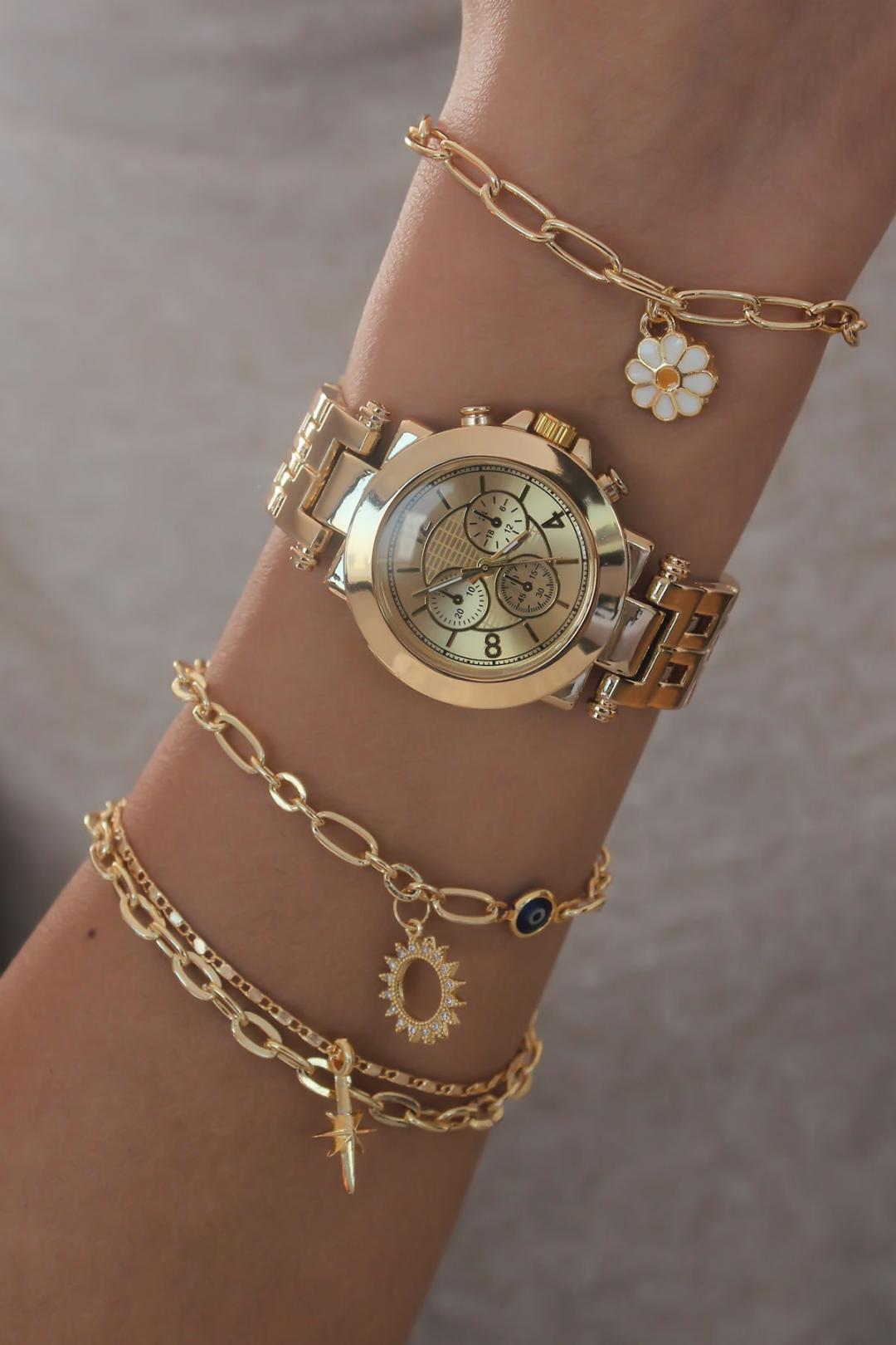 Gold Renk Metal Kordon Kadın Saat ve Bileklik Kombini