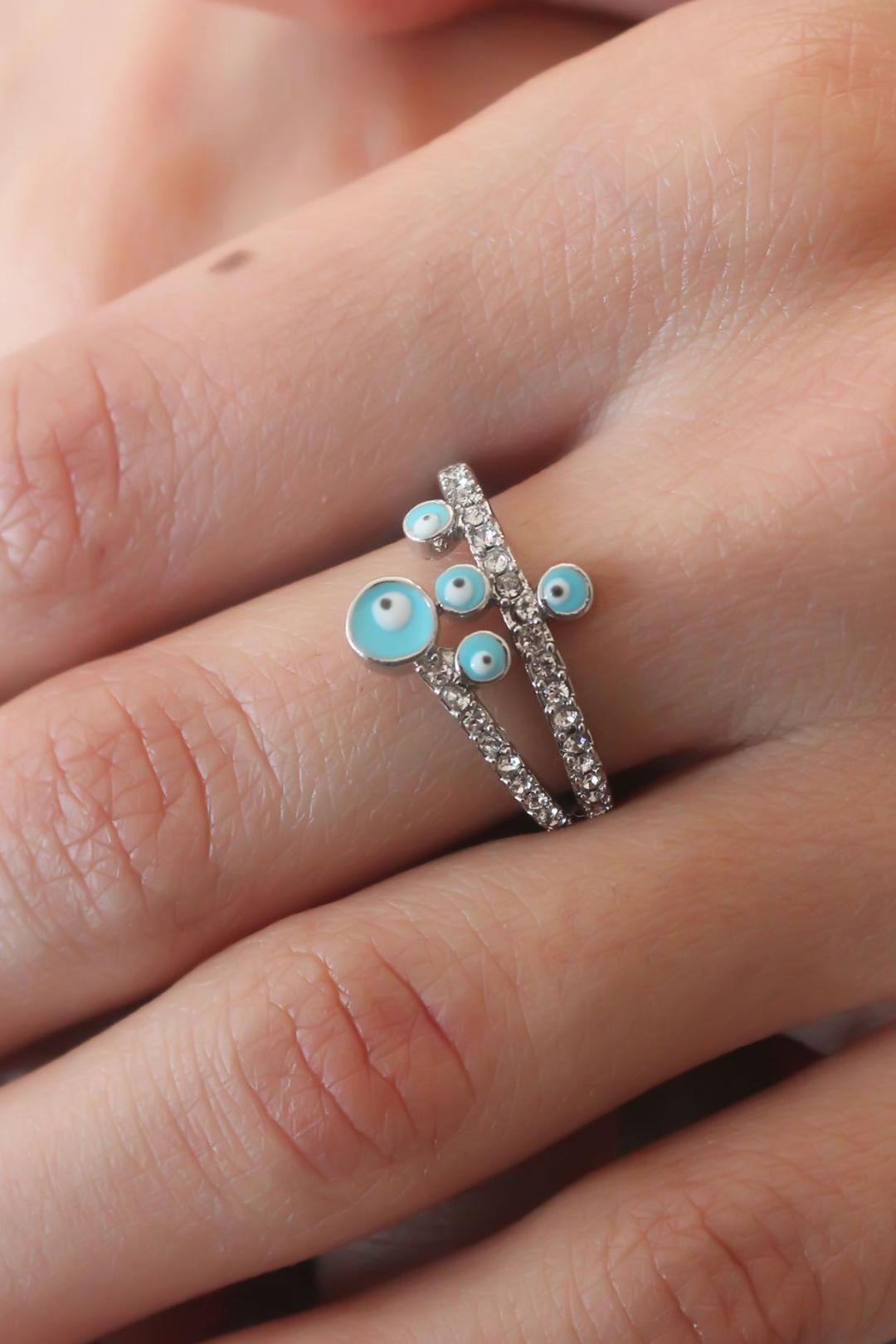 Gümüş Renk Zirkon Taşlı Nazar Boncuk Figür Kadın Yüzük