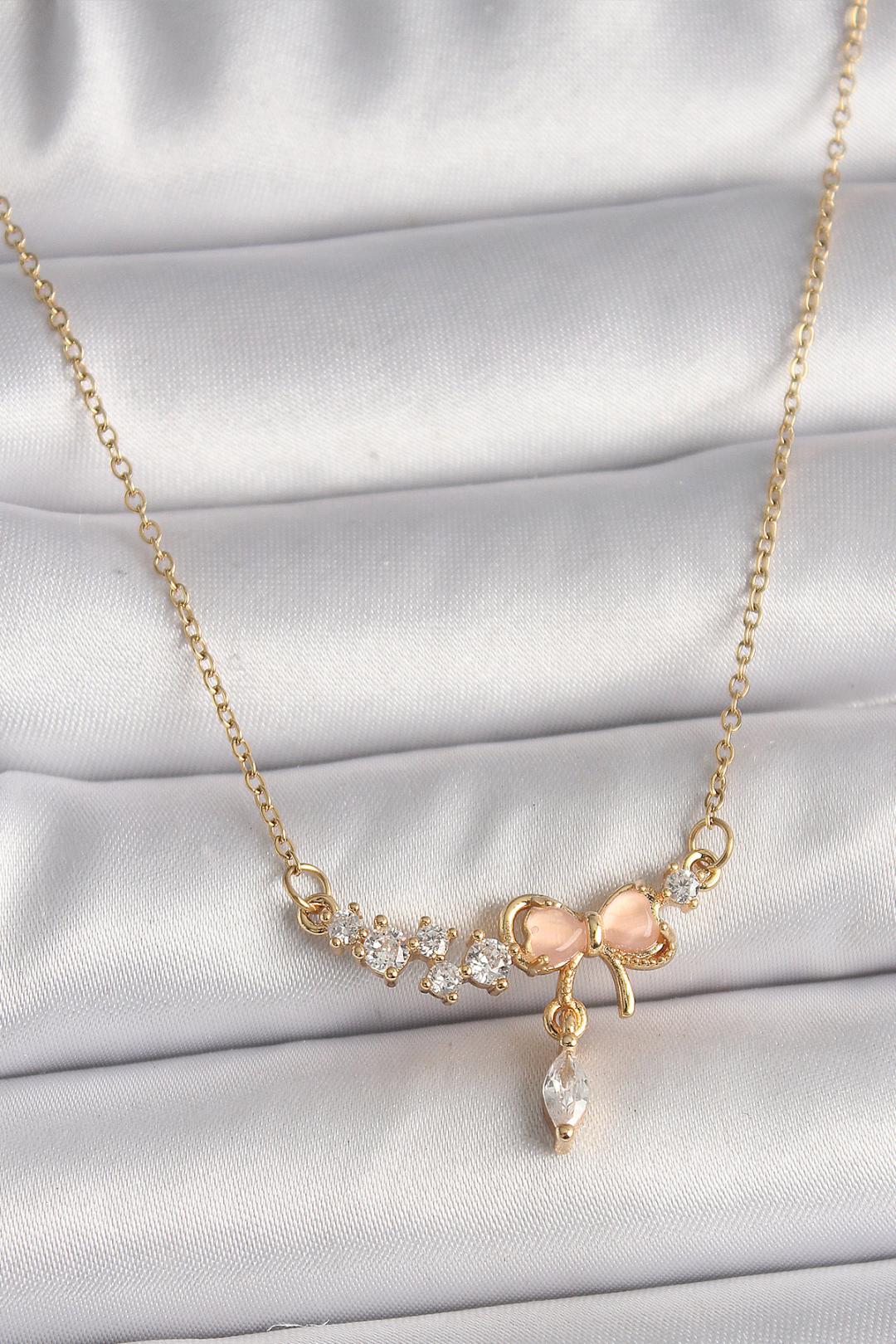 316L Çelik Gold Renk Zincir Zirkon Taşlı Pembe Mineli Fiyonk Model Sallantı Taş Detay Kadın Kolye