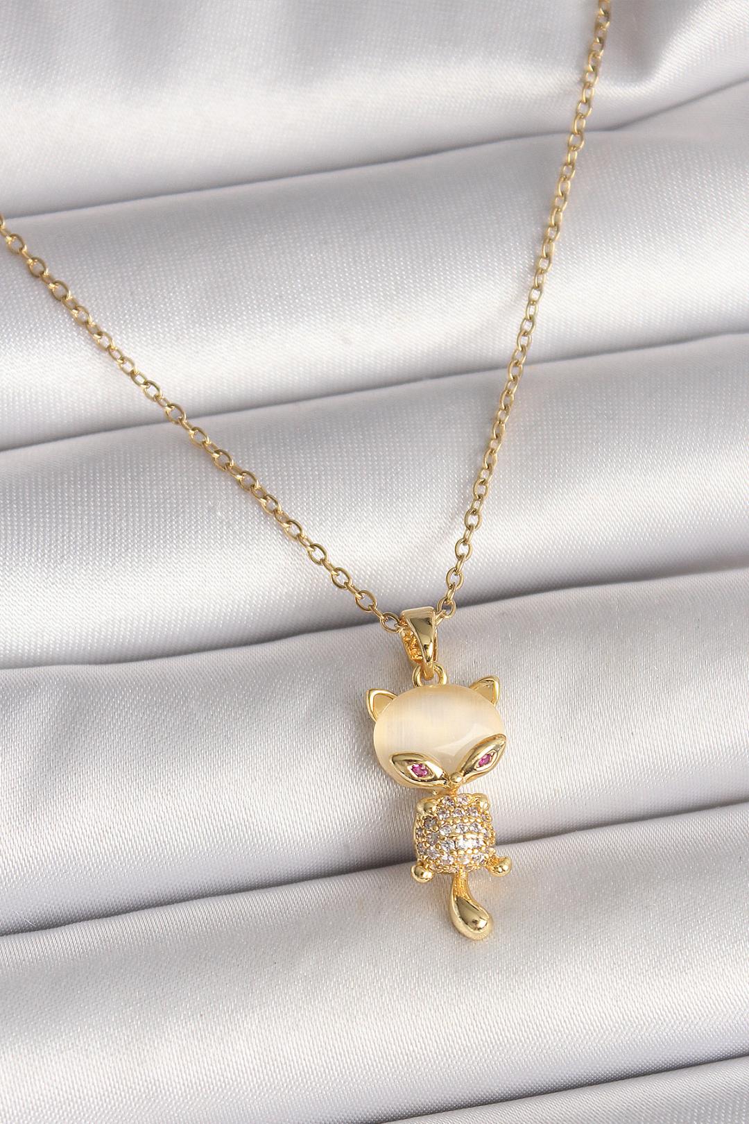 316L Çelik Gold Renk Zincir Zirkon Taşlı Kedi Model Kadın Kolye