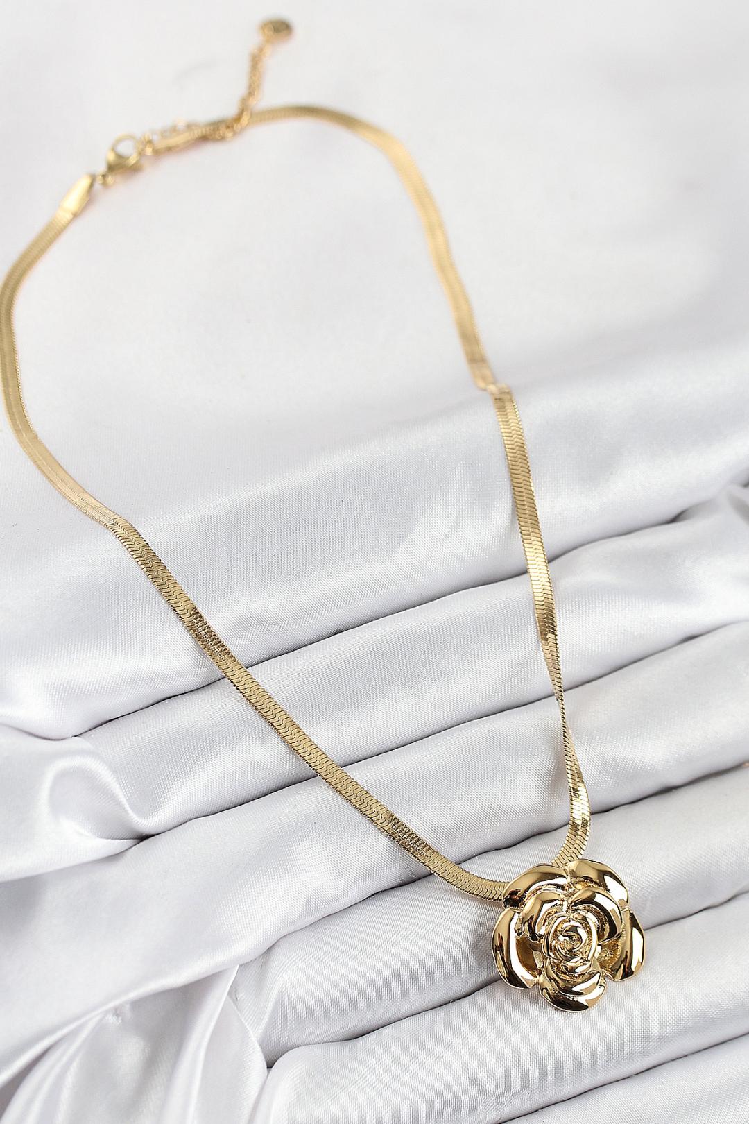 316L Çelik Gül Figürlü İtalyan Zincir Model Gold Renk Kadın Kolye
